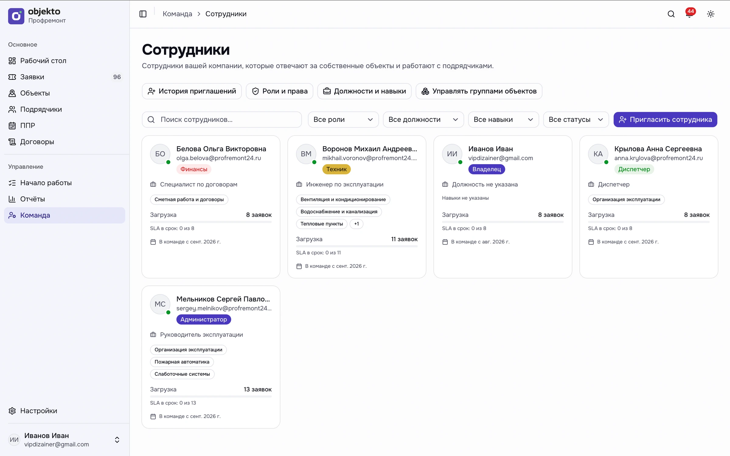 Команда: сотрудники, роли, навыки и загрузка
